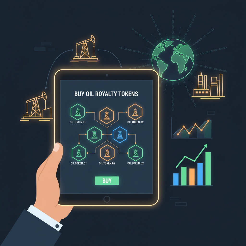buying digital tokens for oil royalties on blockchain marketplace, charts and tokens glowing