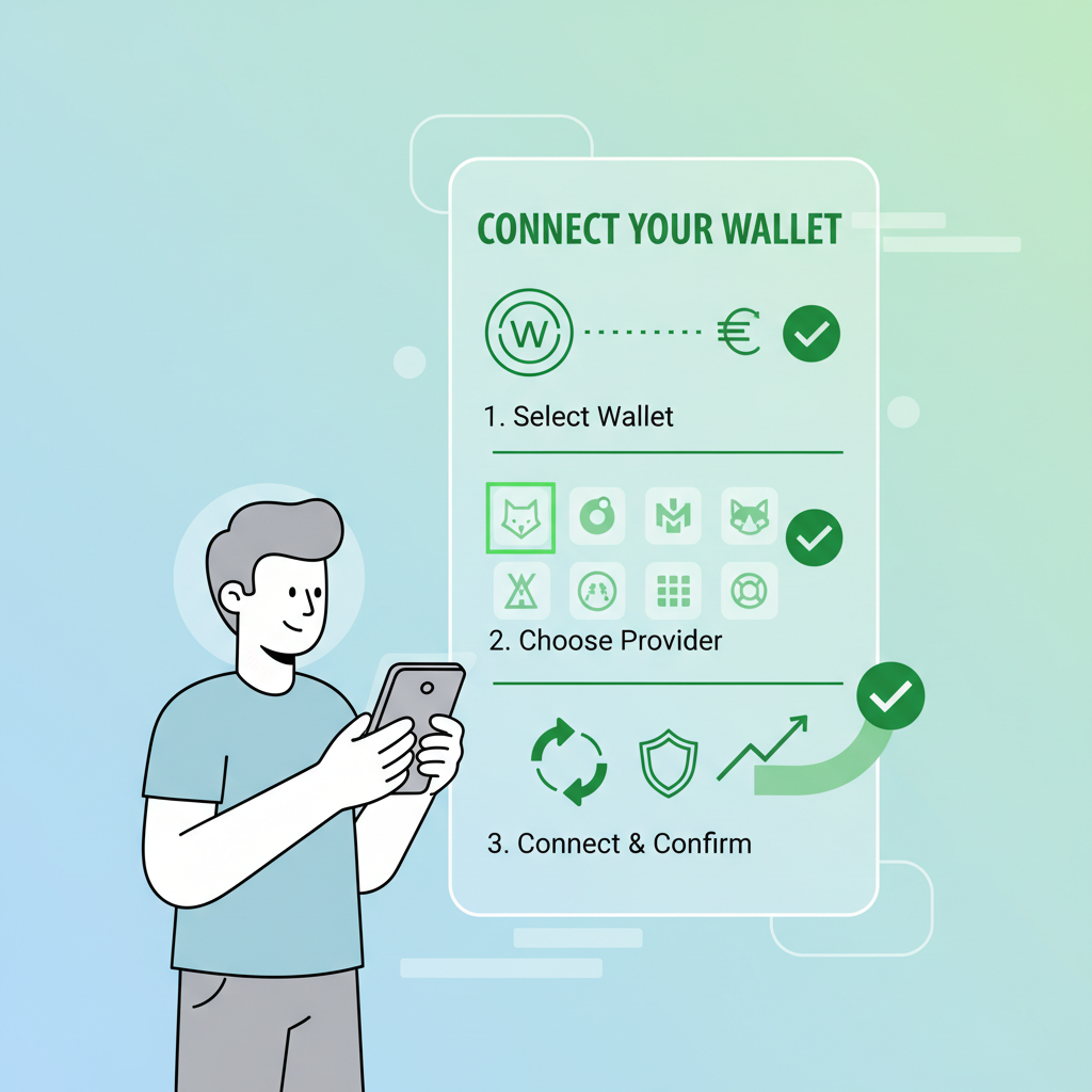 user connecting crypto wallet to investment app, holographic interface, green checkmarks