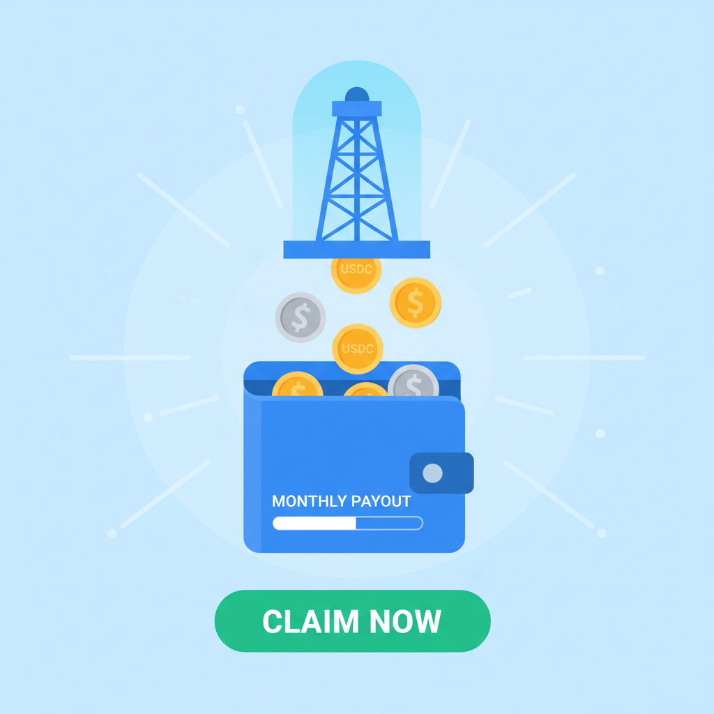 USDC coins raining into wallet from oil rig hologram, monthly payout animation