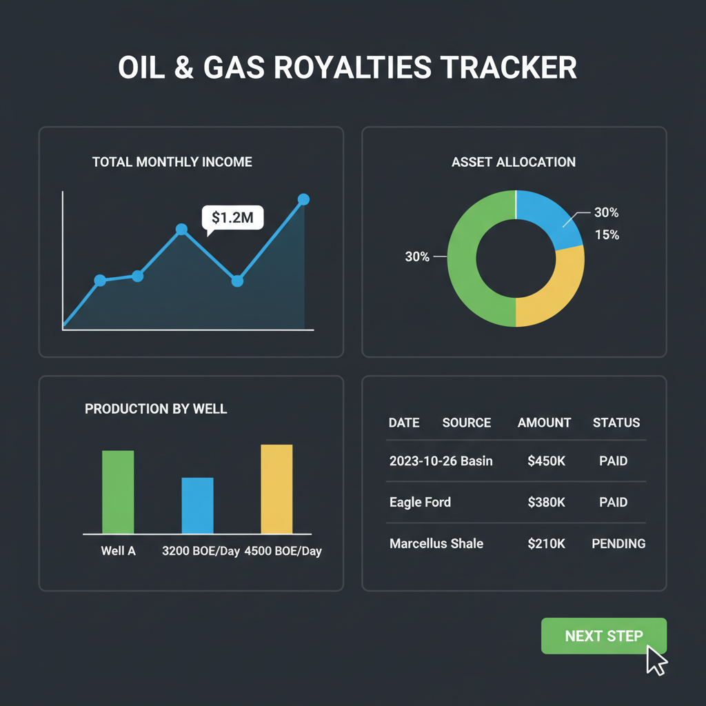 investor dashboard tracking oil gas royalties, analytics charts, dark mode tech