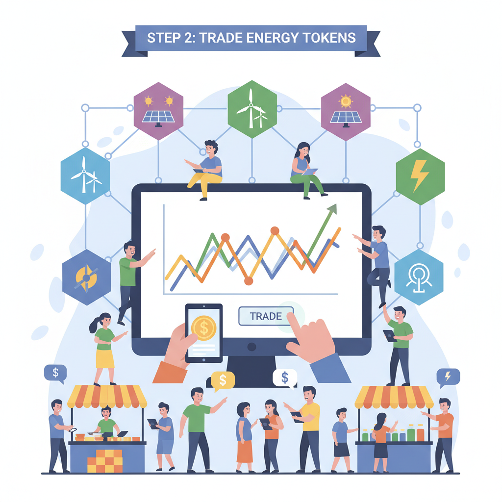 trading tokenized energy assets on bustling blockchain exchange, graphs surging
