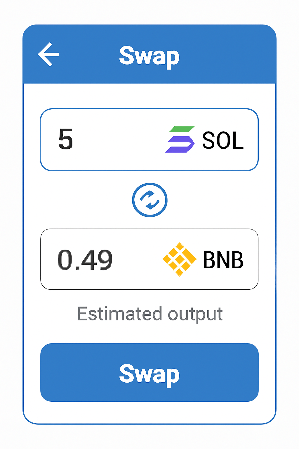 Trust Wallet swap screen with user entering an amount of SOL, and the estimated BNB output displayed based on current prices.