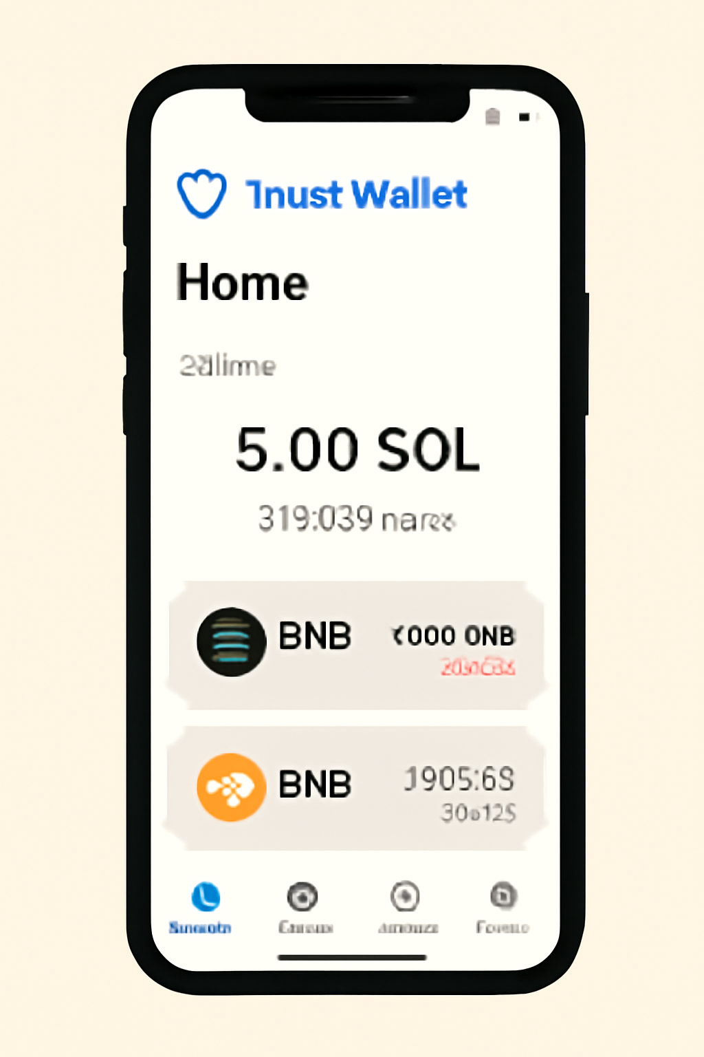 A smartphone displaying the Trust Wallet home screen with visible SOL and BNB balances, showing current prices for both cryptocurrencies.