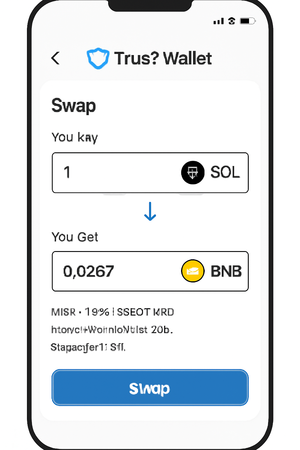 Trust Wallet preview swap screen showing SOL to BNB swap details, including amounts, rates, and fees.