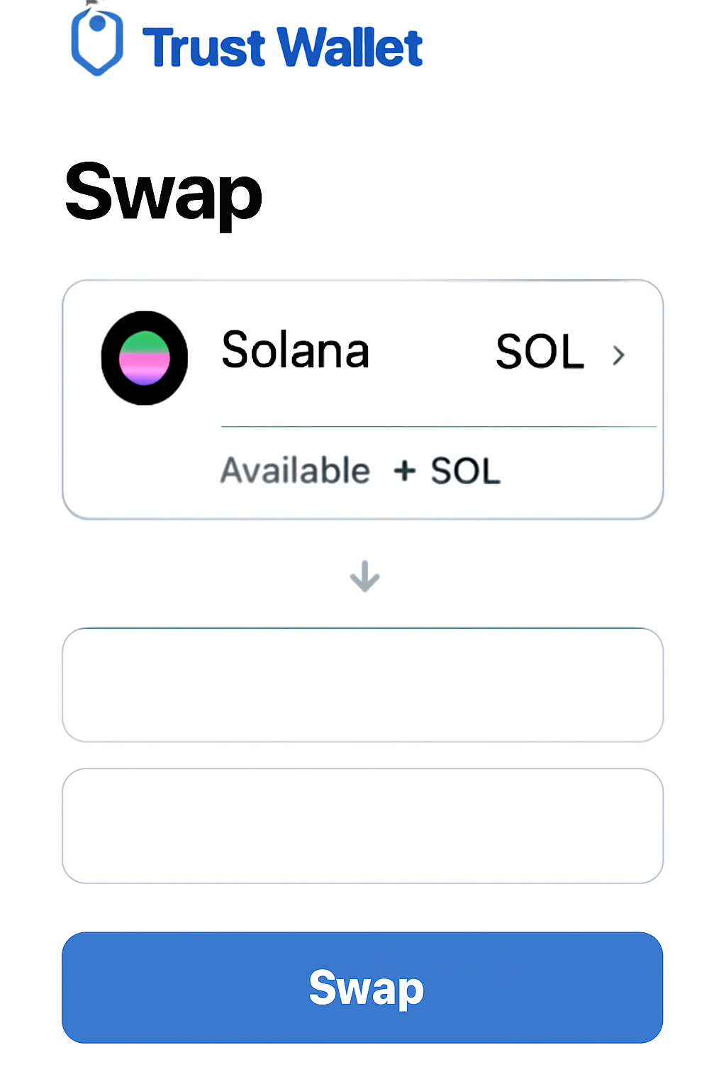 Trust Wallet swap screen with Solana (SOL) selected as the token to swap from, showing available SOL balance.