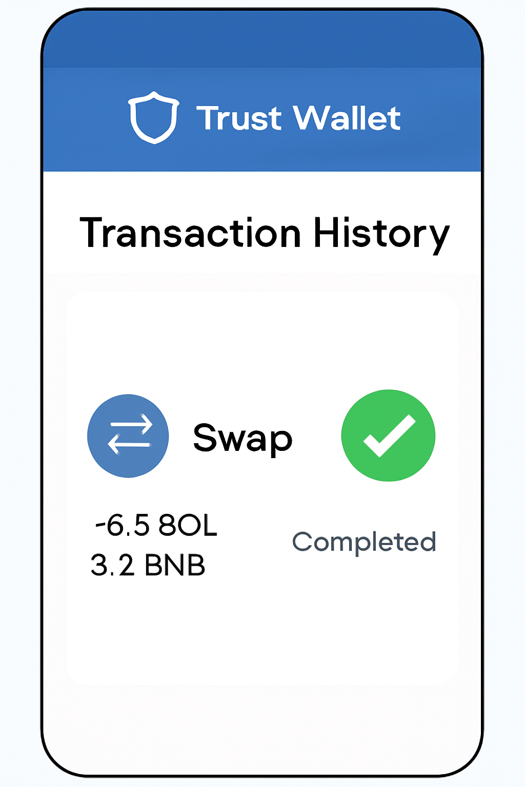 Trust Wallet transaction history screen showing a completed SOL to BNB swap, with a checkmark indicating success.