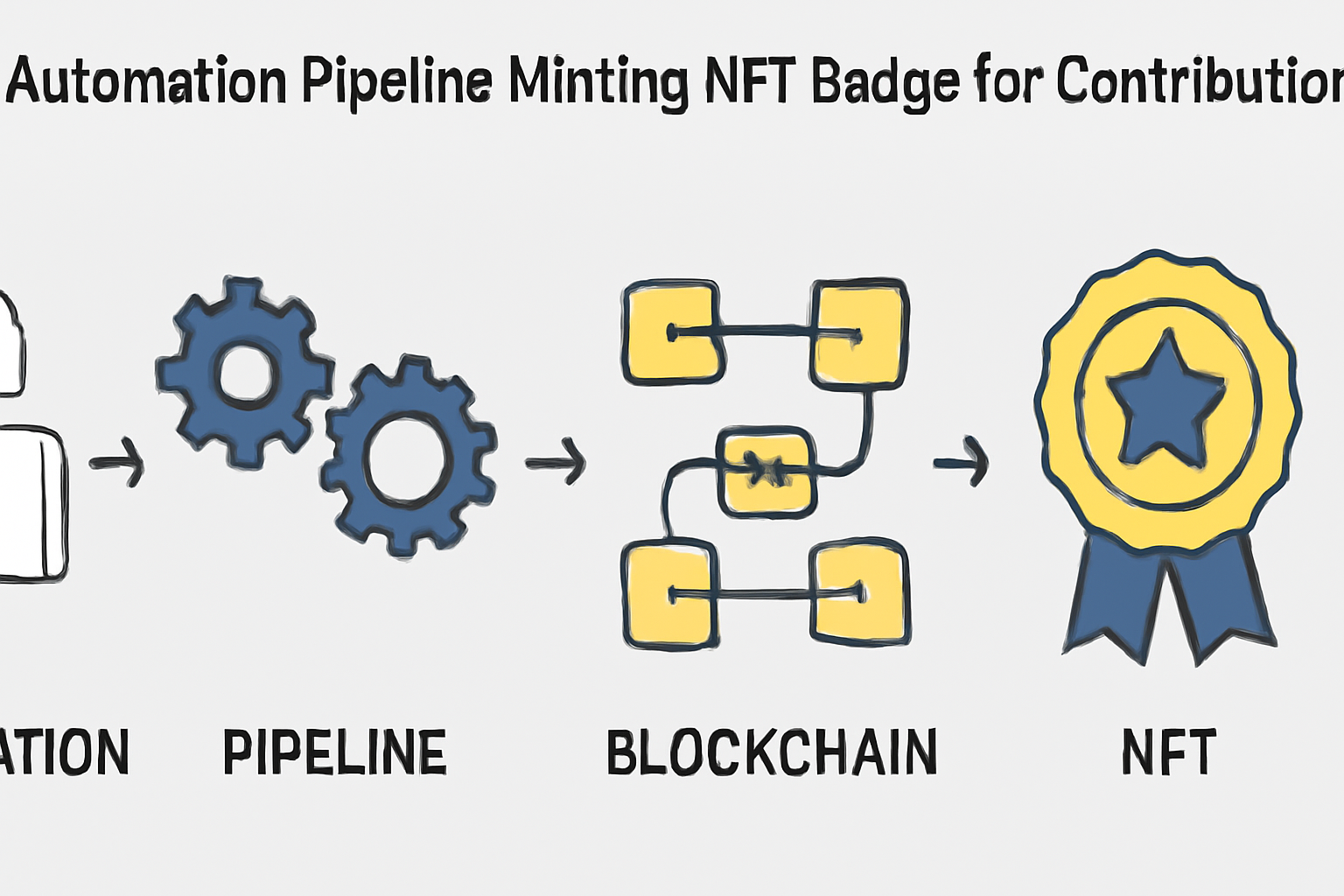 Automation pipeline minting NFT badge for contribution, gears and blockchain flow diagram