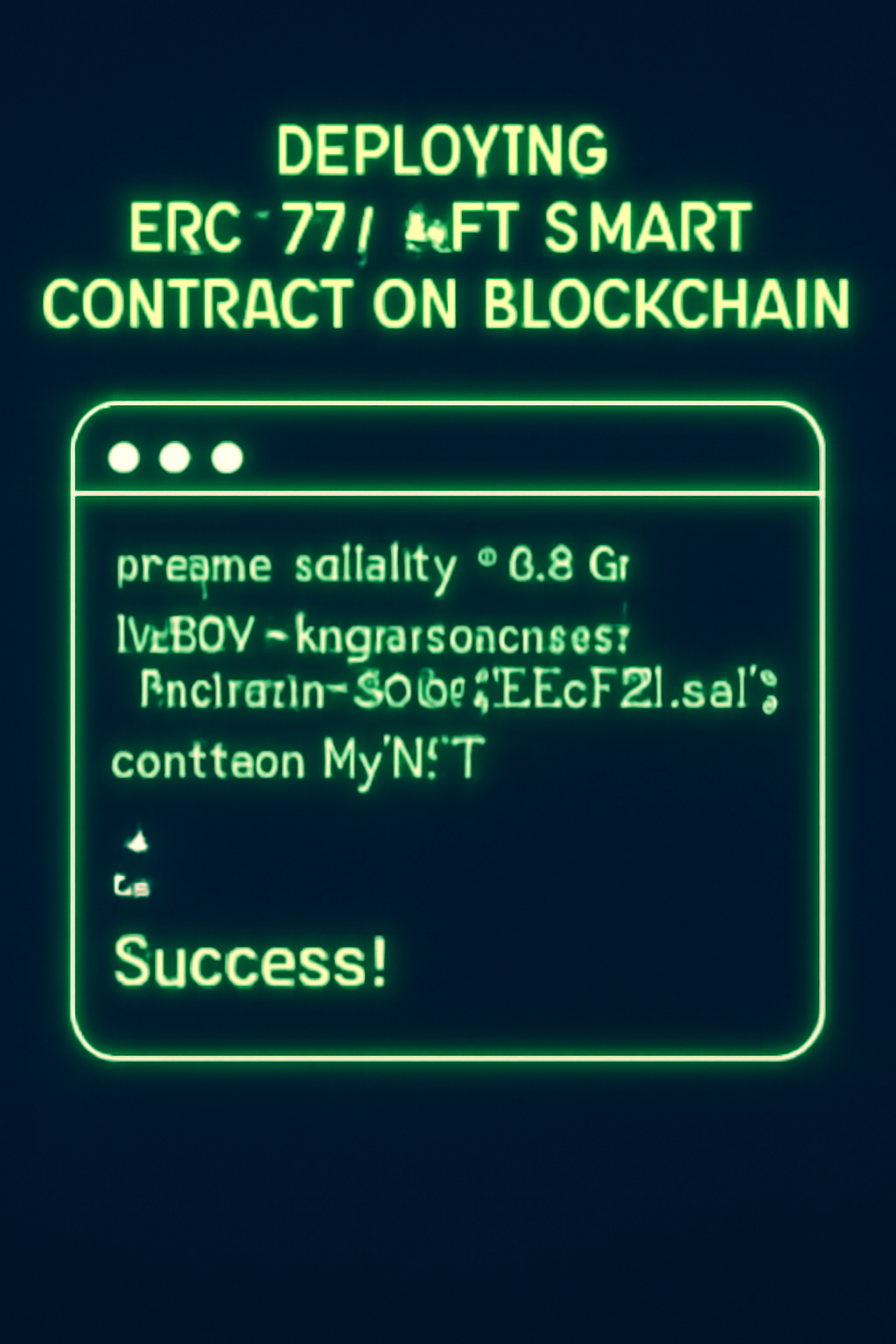Deploying ERC-721 NFT smart contract on blockchain, code terminal with green success, neon glow