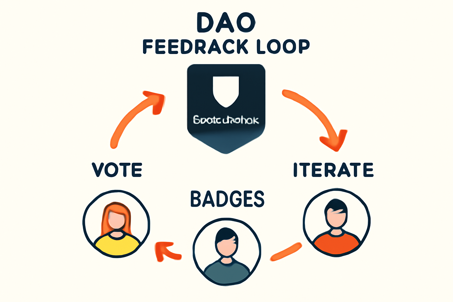 DAO feedback loop iterating governance badges, cycle diagram with community icons