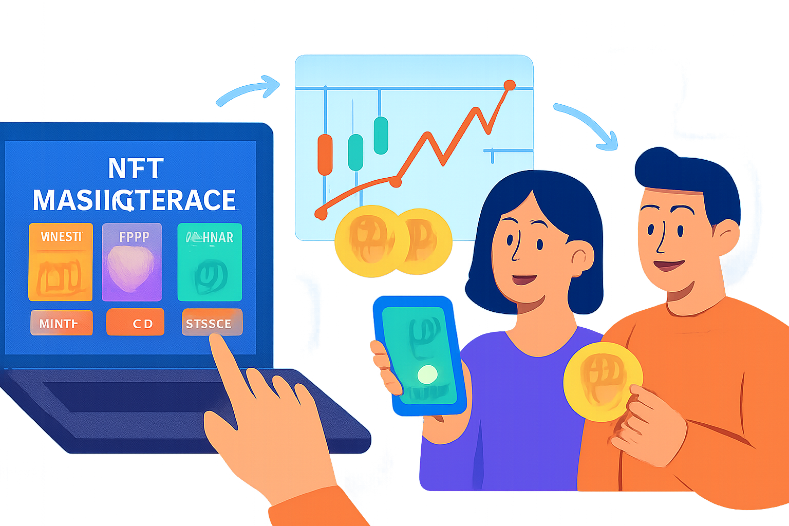 Tradable NFT badges on marketplace launch, trading charts and buyers, vibrant digital art