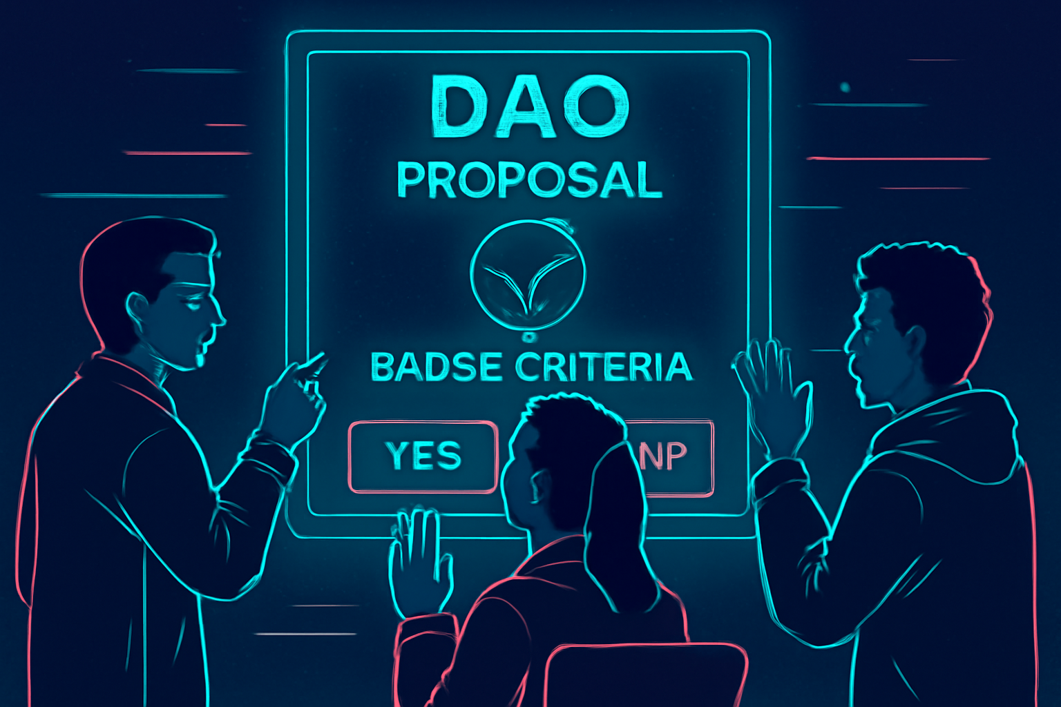 DAO community voting on badge criteria proposal, futuristic holographic interface, cyberpunk style