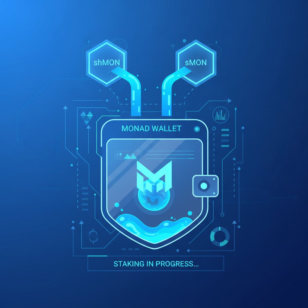 glowing liquid staking tokens shMON sMON pouring into a futuristic crypto wallet on Monad blockchain, neon blue hues, high-tech UI --ar 16:9