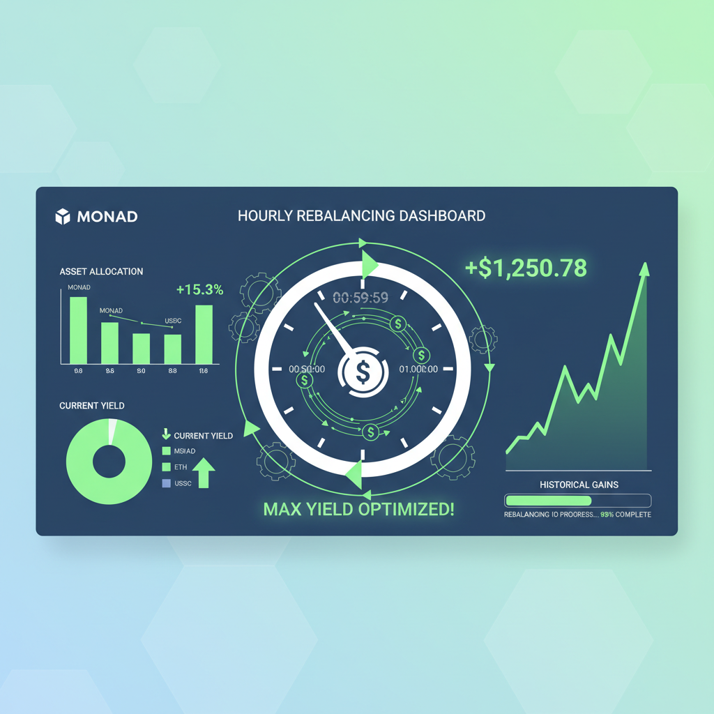 hourly rebalancing dashboard on Monad DeFi, charts realigning for max yield, clock ticking with profit loops, vibrant green gains --ar 16:9