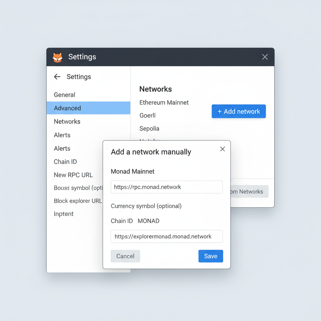 MetaMask wallet interface adding custom Monad mainnet RPC network