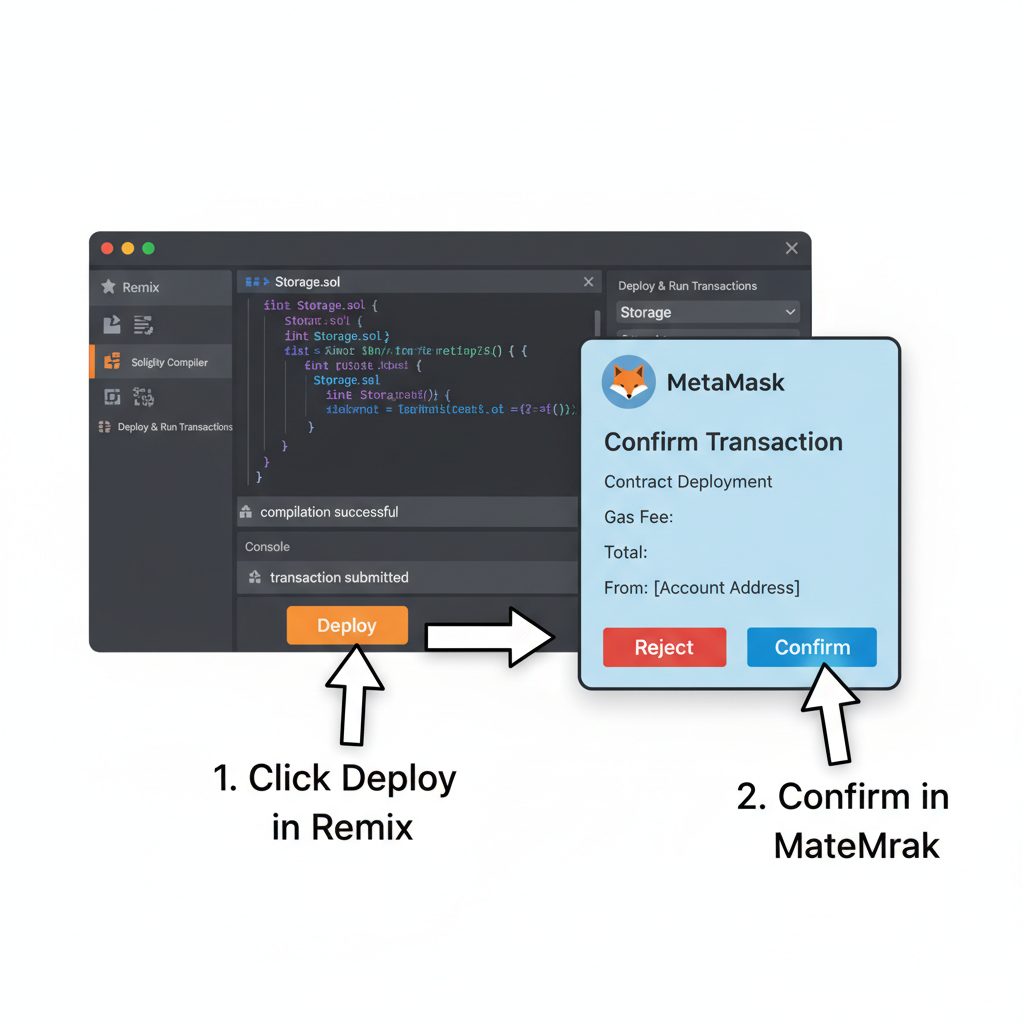 Remix IDE deploying smart contract with MetaMask confirmation popup