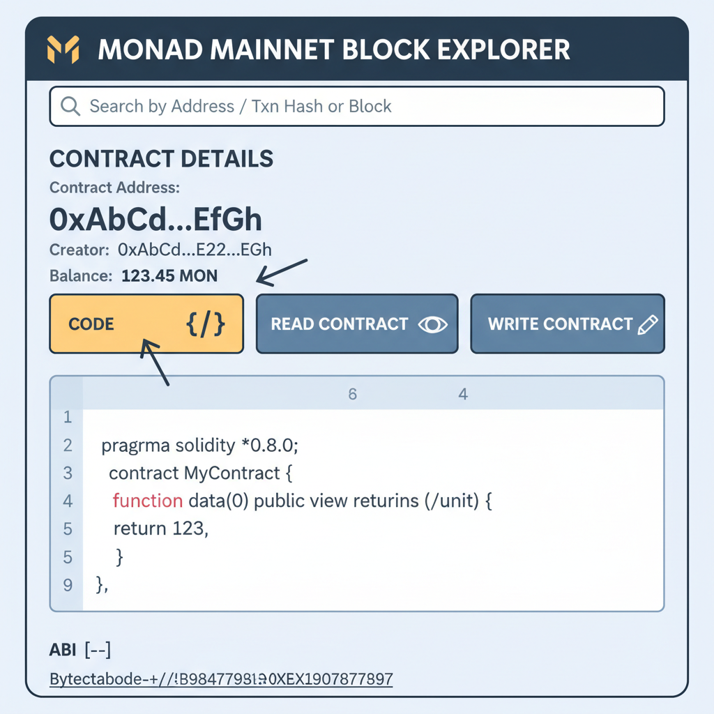 Monad mainnet block explorer showing deployed contract details