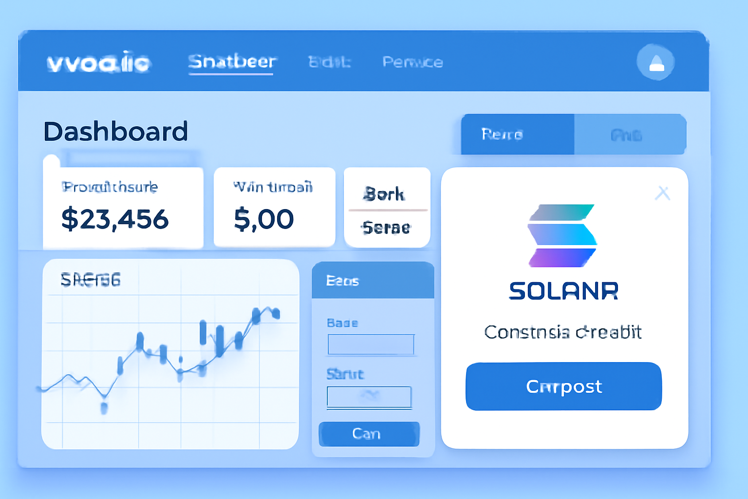 Modern Vooi.io dashboard, Solana wallet connect popup, clean blue UI, crypto trading theme