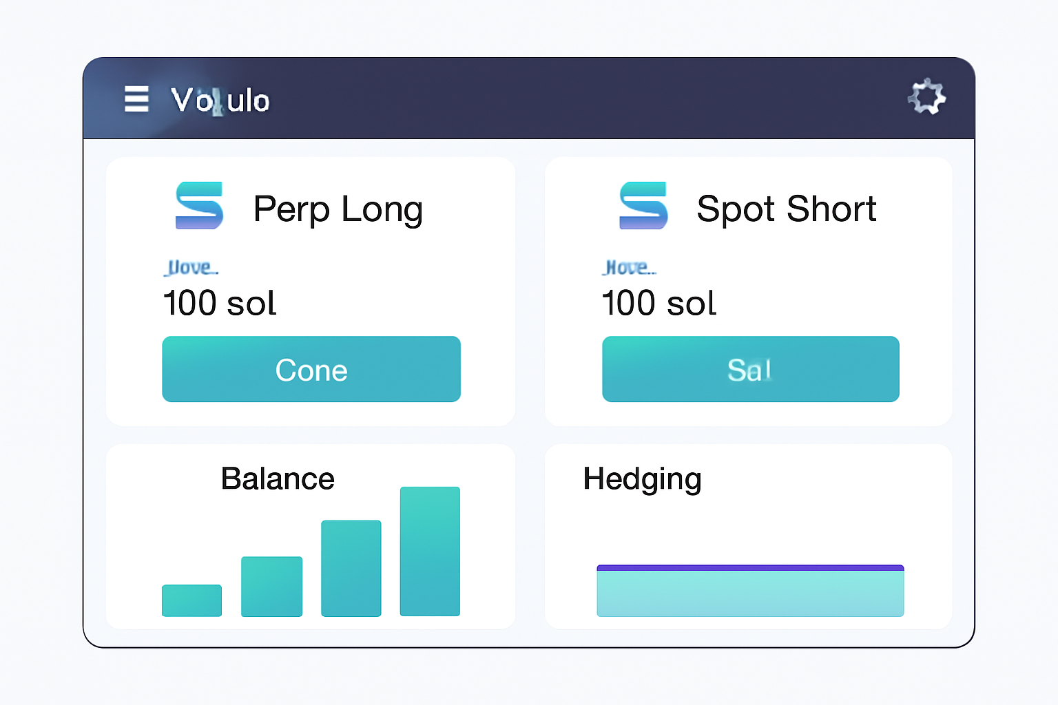 Vooi.io trading interface, perp long position and hedged spot short, balance charts, Solana theme