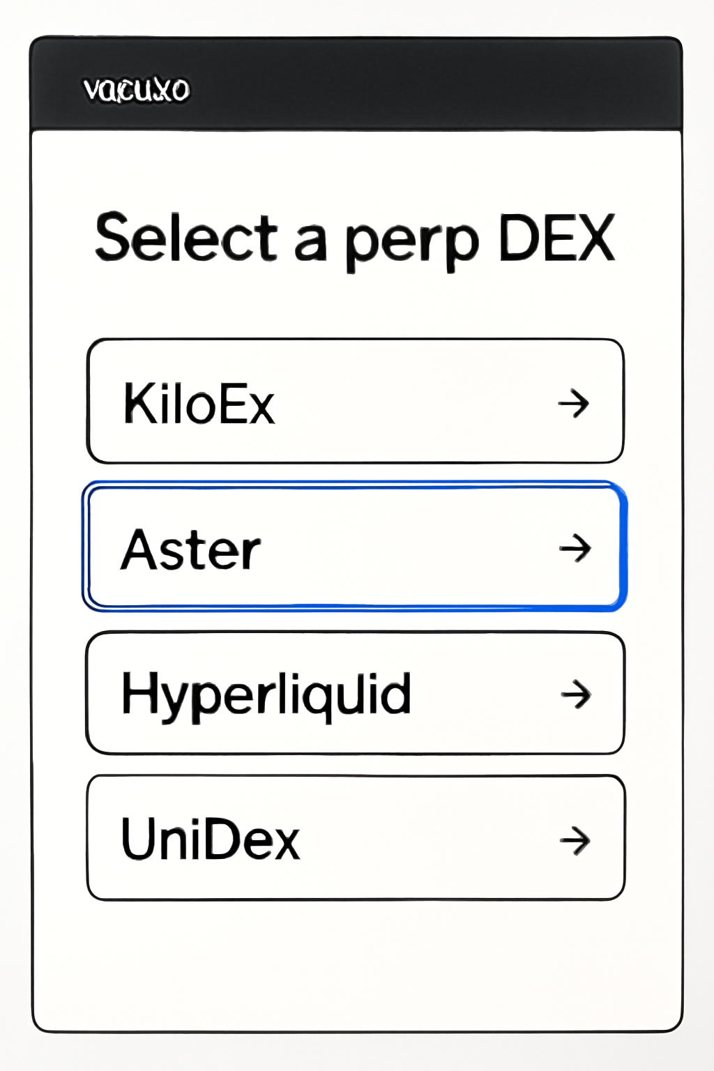 Vooi.io perp DEX selection screen, list of exchanges like KiloEx and Aster highlighted, sleek interface