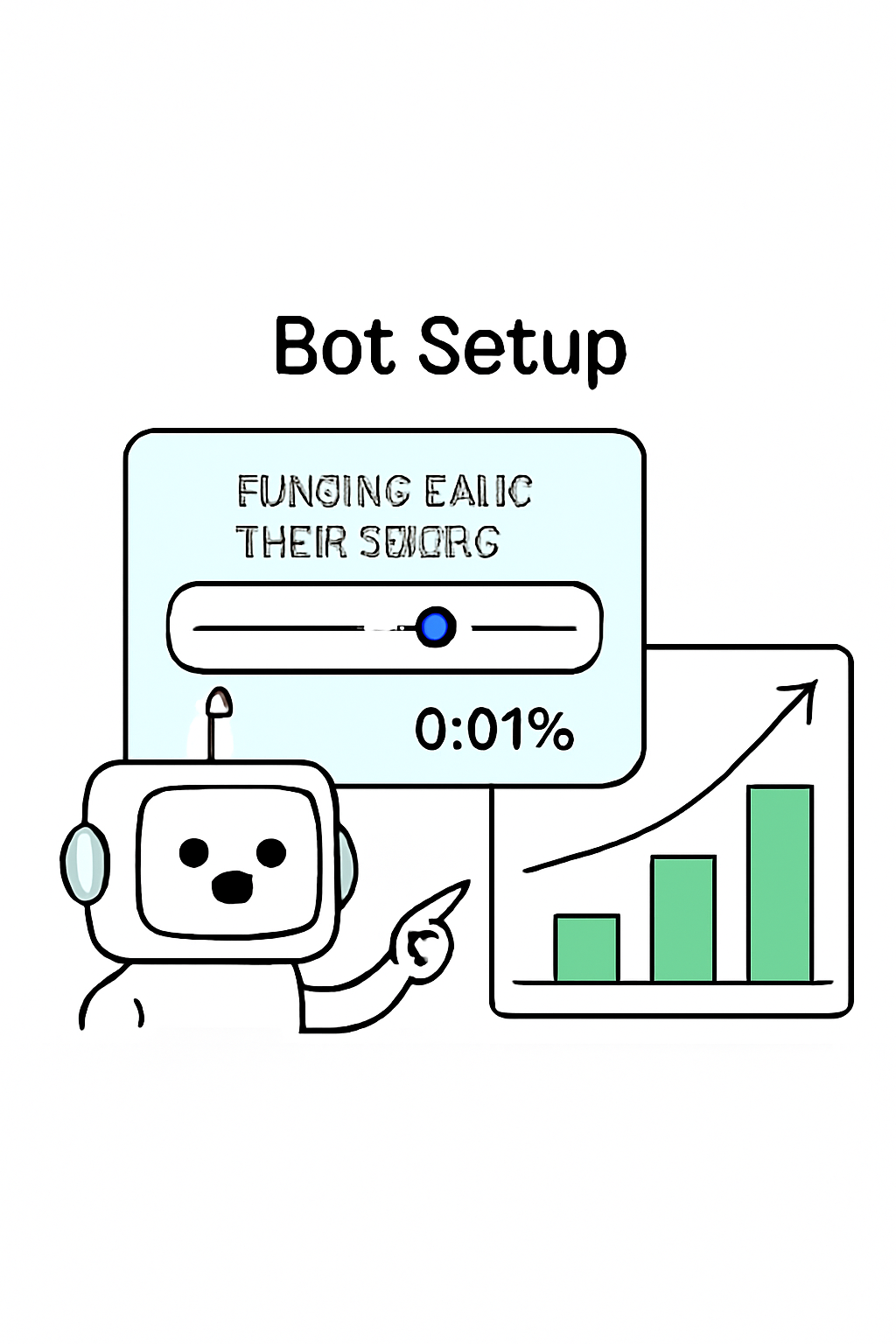Vooi.io bot setup panel, funding rate threshold slider at 0.01%, charts showing positive rates