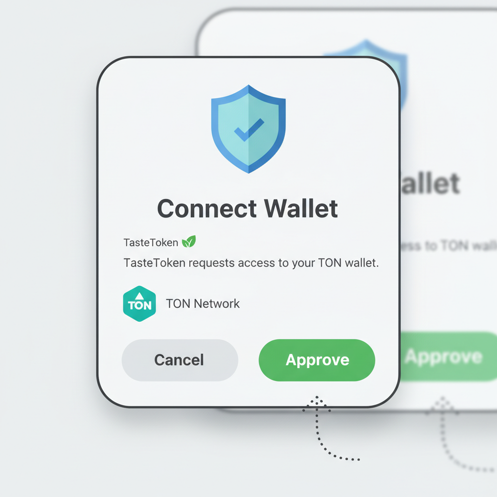 Wallet approval popup for TasteToken connection, green approve button, security shield, TON network