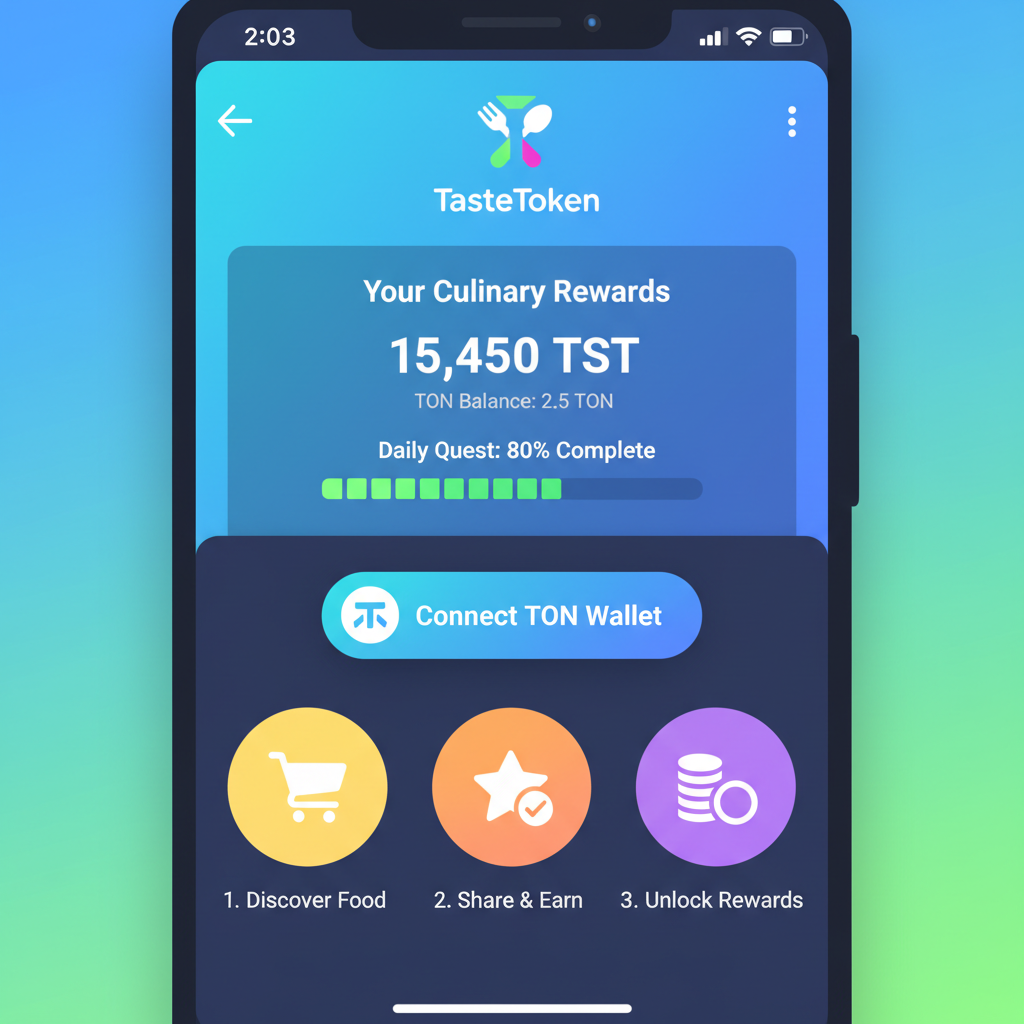 Telegram Mini App launch screen for TasteToken, vibrant UI with rewards dashboard, TON integration button