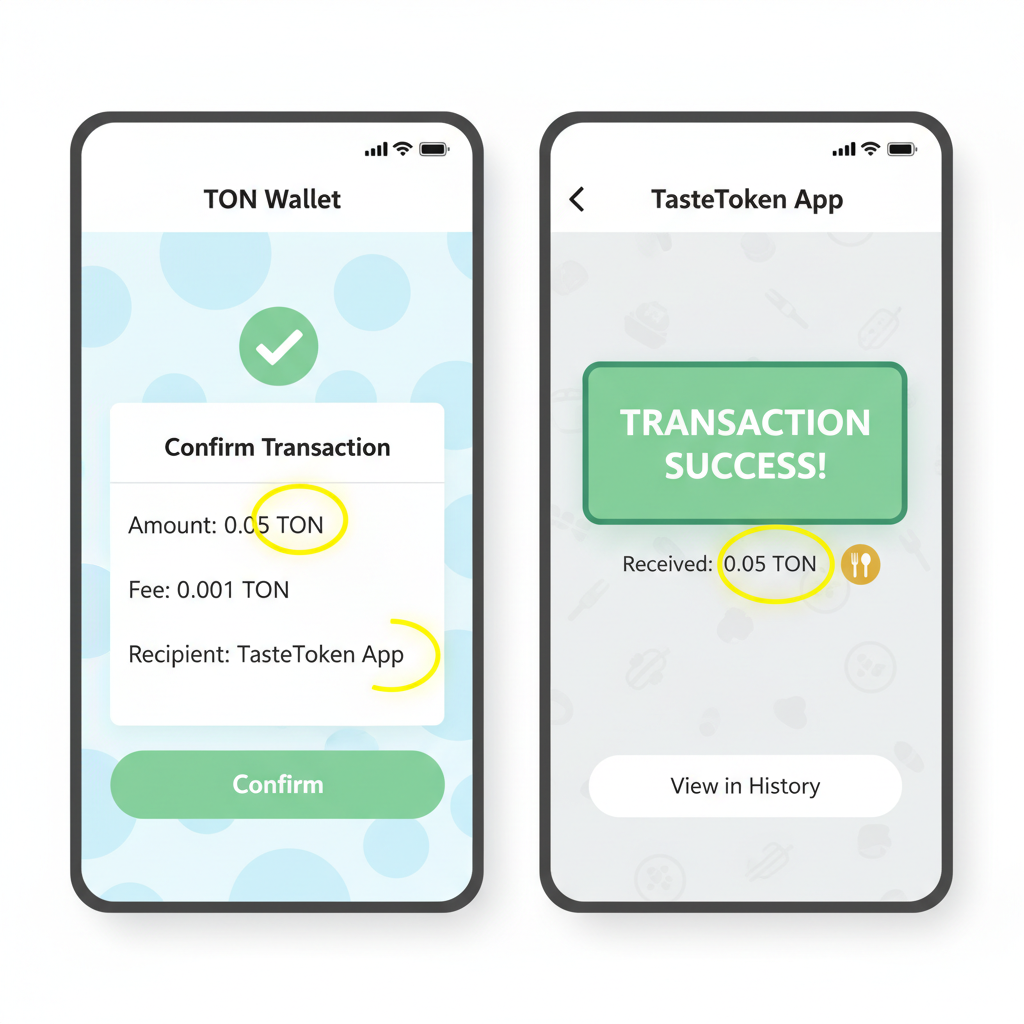 Small TON test transaction confirmation in wallet and TasteToken app, success notification, low amount highlighted