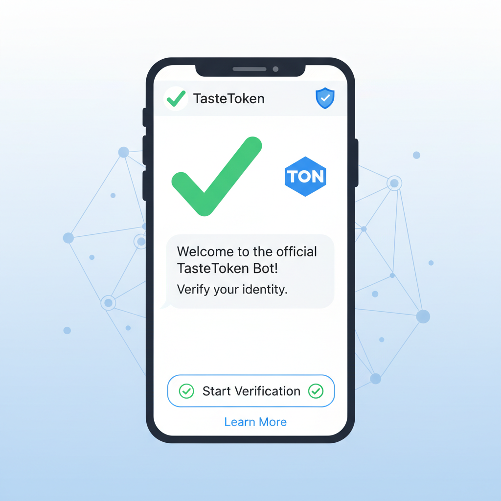 Telegram chat verifying official TasteToken bot, security icons, checkmarks, TON logo