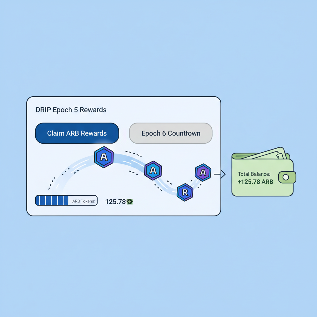 claiming ARB rewards dashboard from DRIP Epoch 5, tokens flowing into wallet
