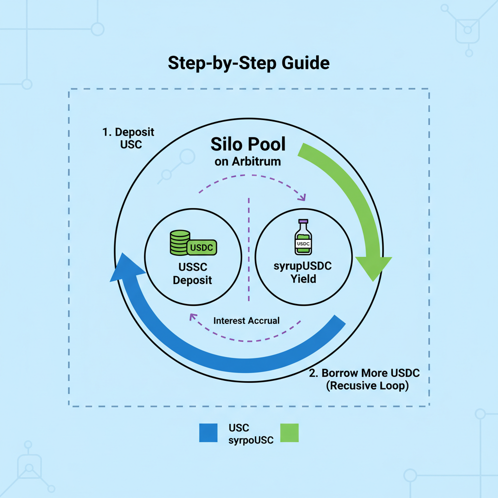 recursive looping diagram in Silo DeFi pools on Arbitrum, arrows cycling USDC syrupUSDC