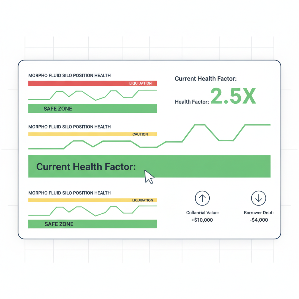 monitoring DeFi health factor charts for Morpho Fluid Silo positions, green safe zone