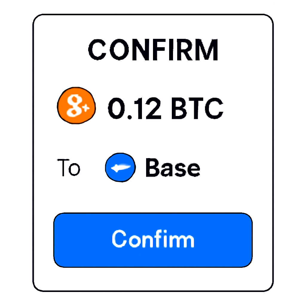 A confirmation dialog showing transaction details: BTC amount, destination as Base, and a 'Confirm' button.