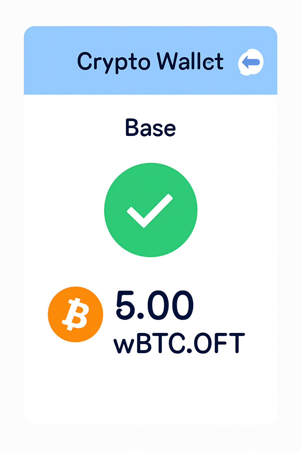 A crypto wallet interface displaying a new wBTC.OFT balance on the Base network, with a checkmark indicating success.