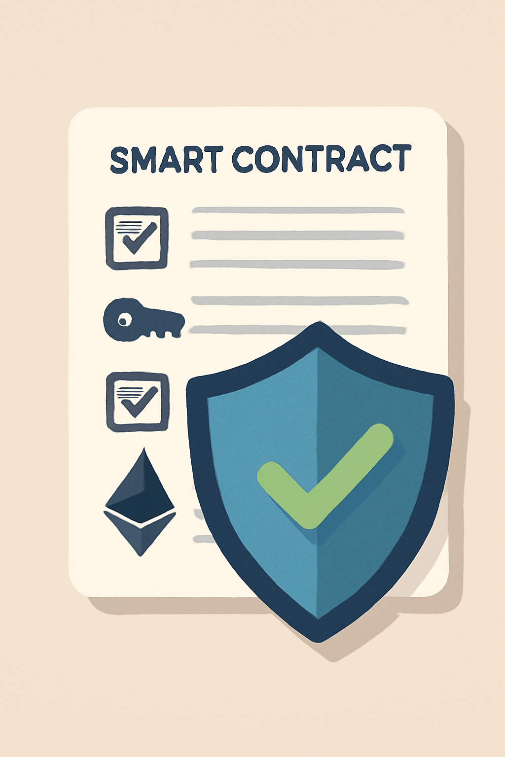 A shield overlaying a smart contract, with checklists for auditing, secure keys, and Ethereum security logos.
