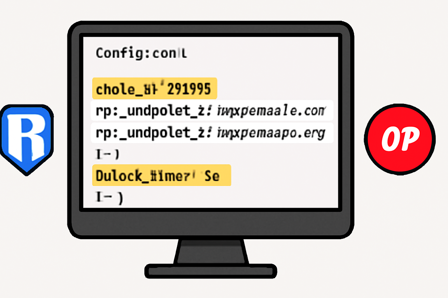 A configuration file open on a monitor, with highlighted lines for chain ID, RPC endpoints, and block time, alongside Ronin and Optimism logos.