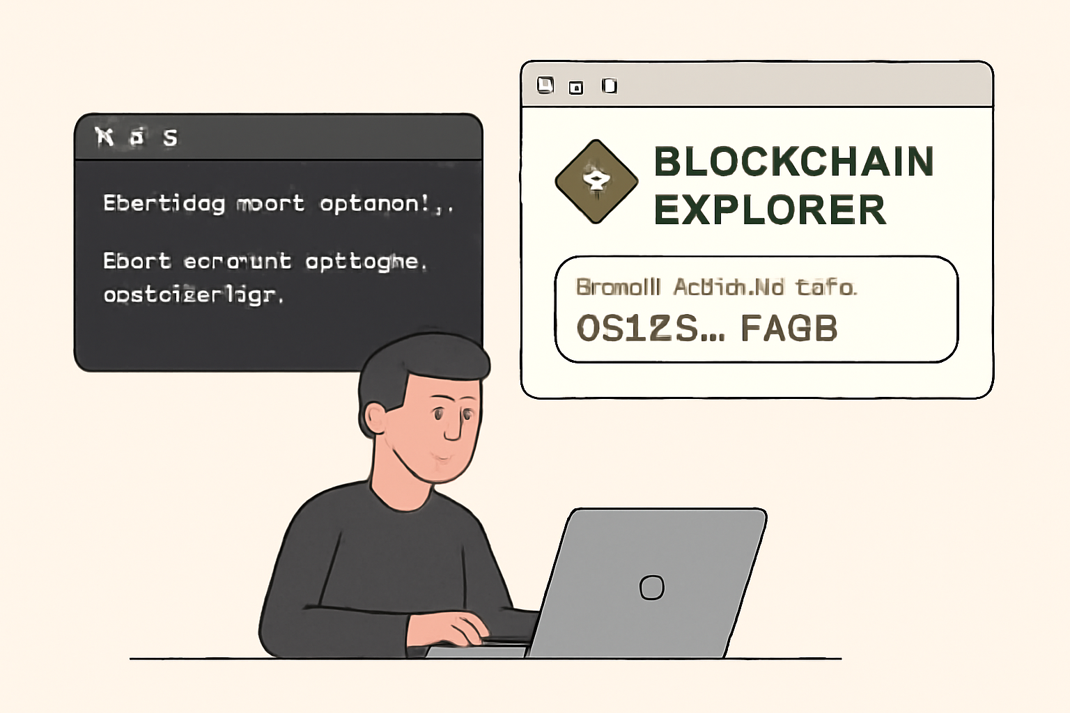 A developer deploying a smart contract via CLI, with a successful deployment message and a blockchain explorer showing the contract address.