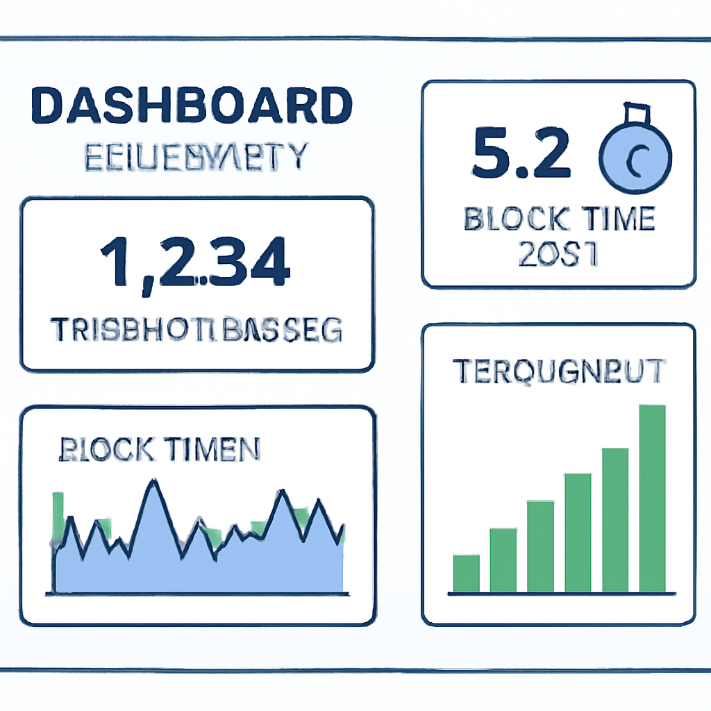 A dashboard displaying real-time transaction metrics, block times, and throughput graphs, with a focus on scalability.