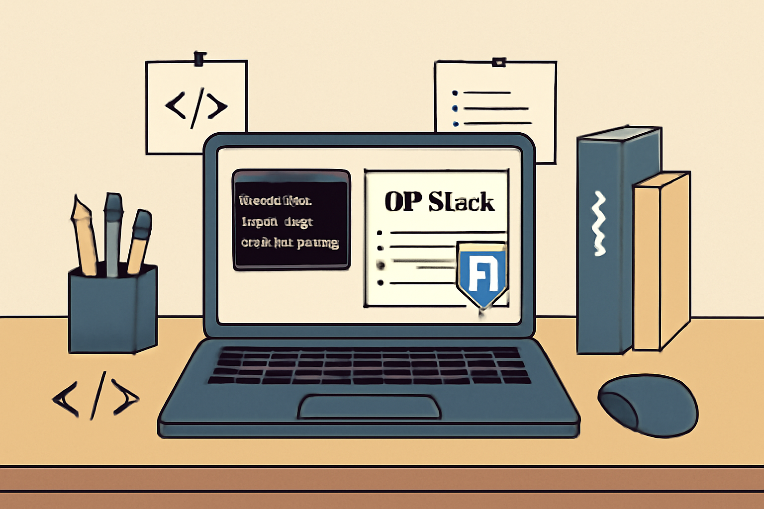 A developer's desk with a laptop displaying terminal commands, OP Stack documentation, and Ronin logo, surrounded by coding tools.