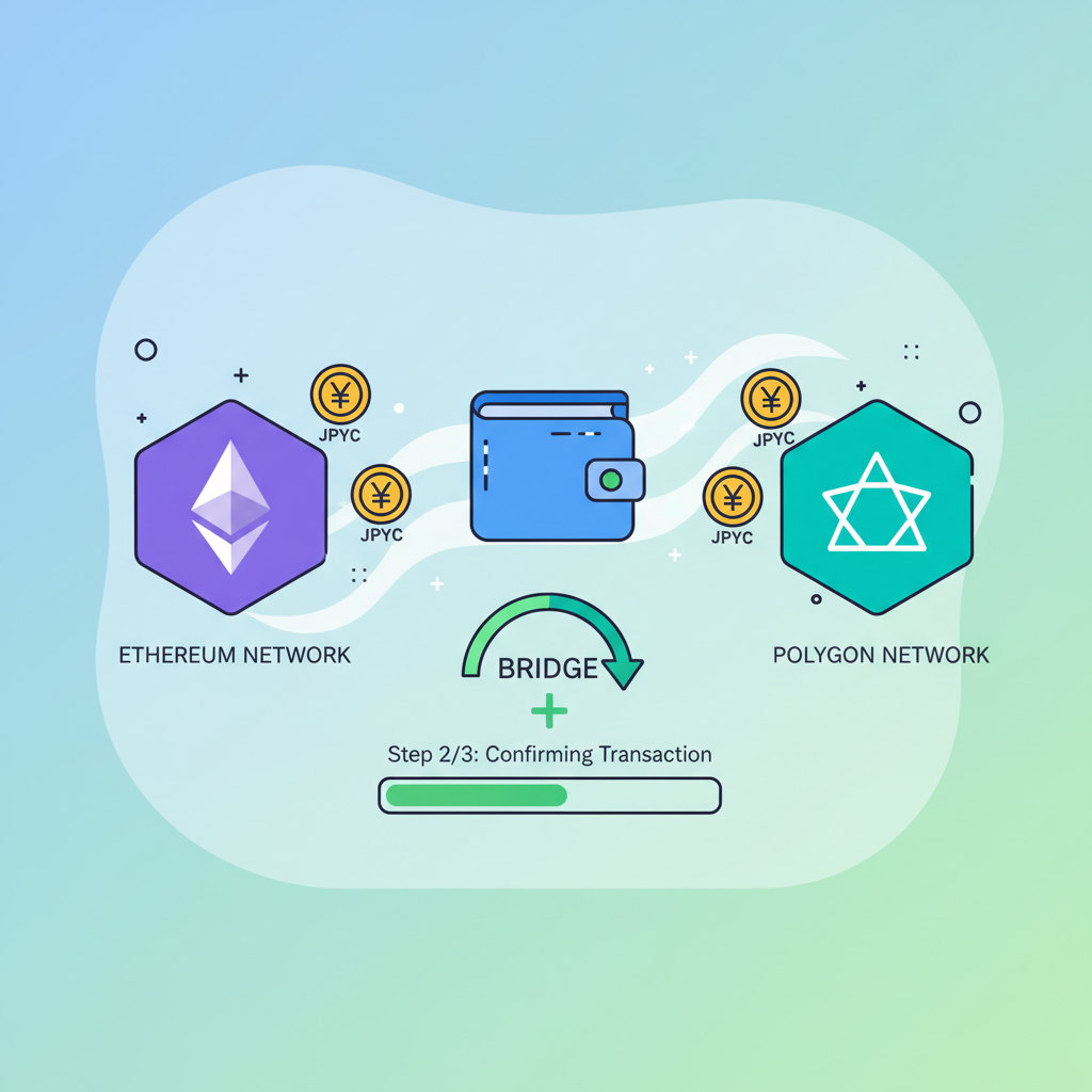 crypto wallet bridging JPYC tokens from Ethereum to Polygon network, vibrant DeFi illustration