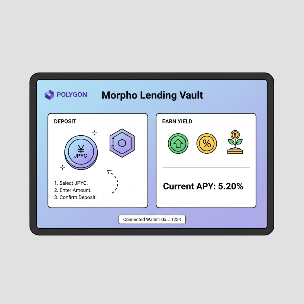 depositing JPYC into Morpho lending vault on Polygon, DeFi dashboard with yield icons