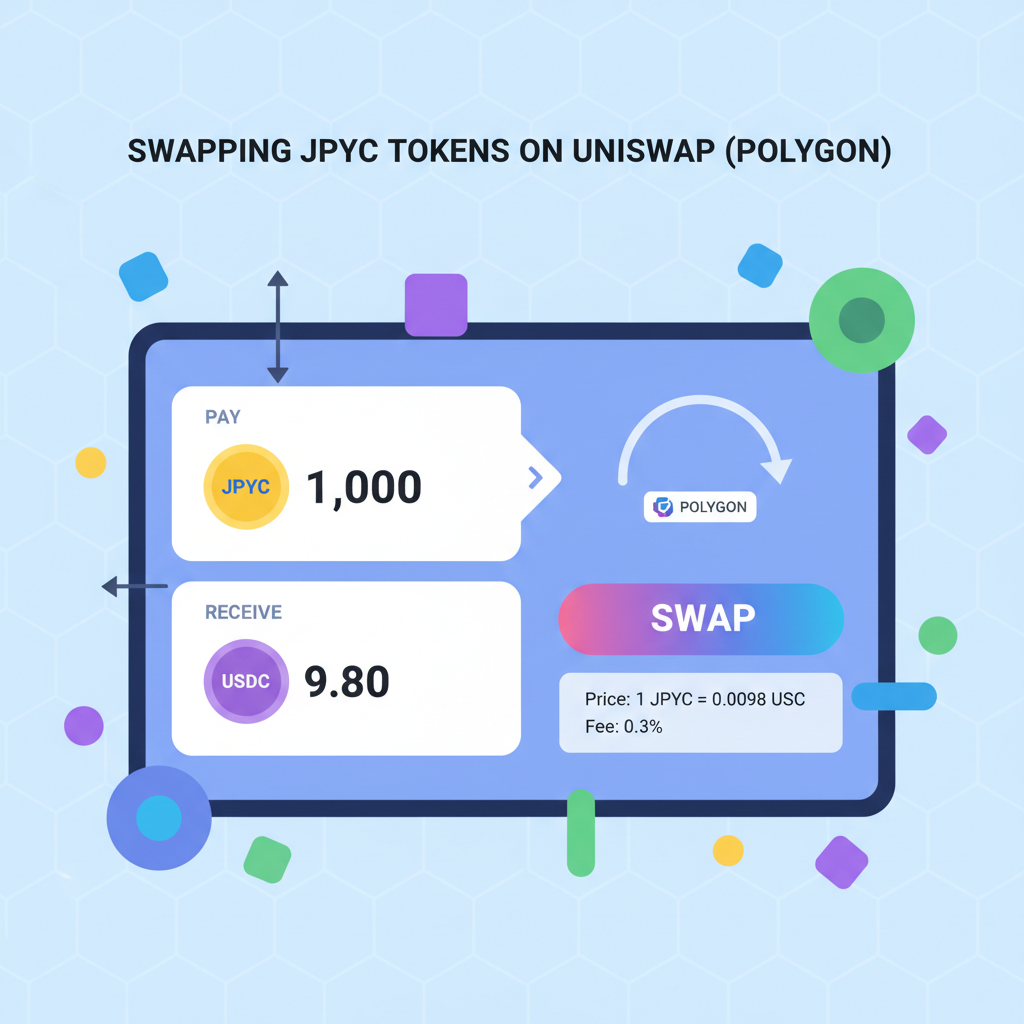 swapping JPYC tokens on Uniswap DEX Polygon network, colorful token exchange interface