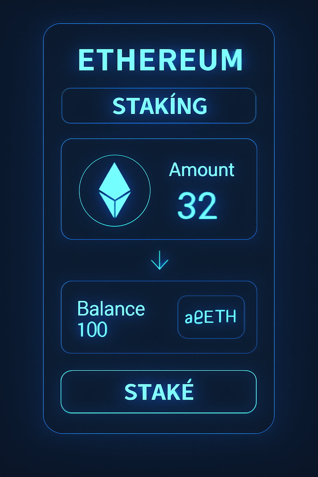 sleek Ethereum staking dashboard acquiring stETH tokens, futuristic UI, blue neon glow