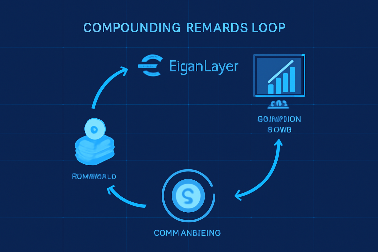 compounding rewards loop in EigenLayer, growing yield charts, futuristic compounding cycle animation
