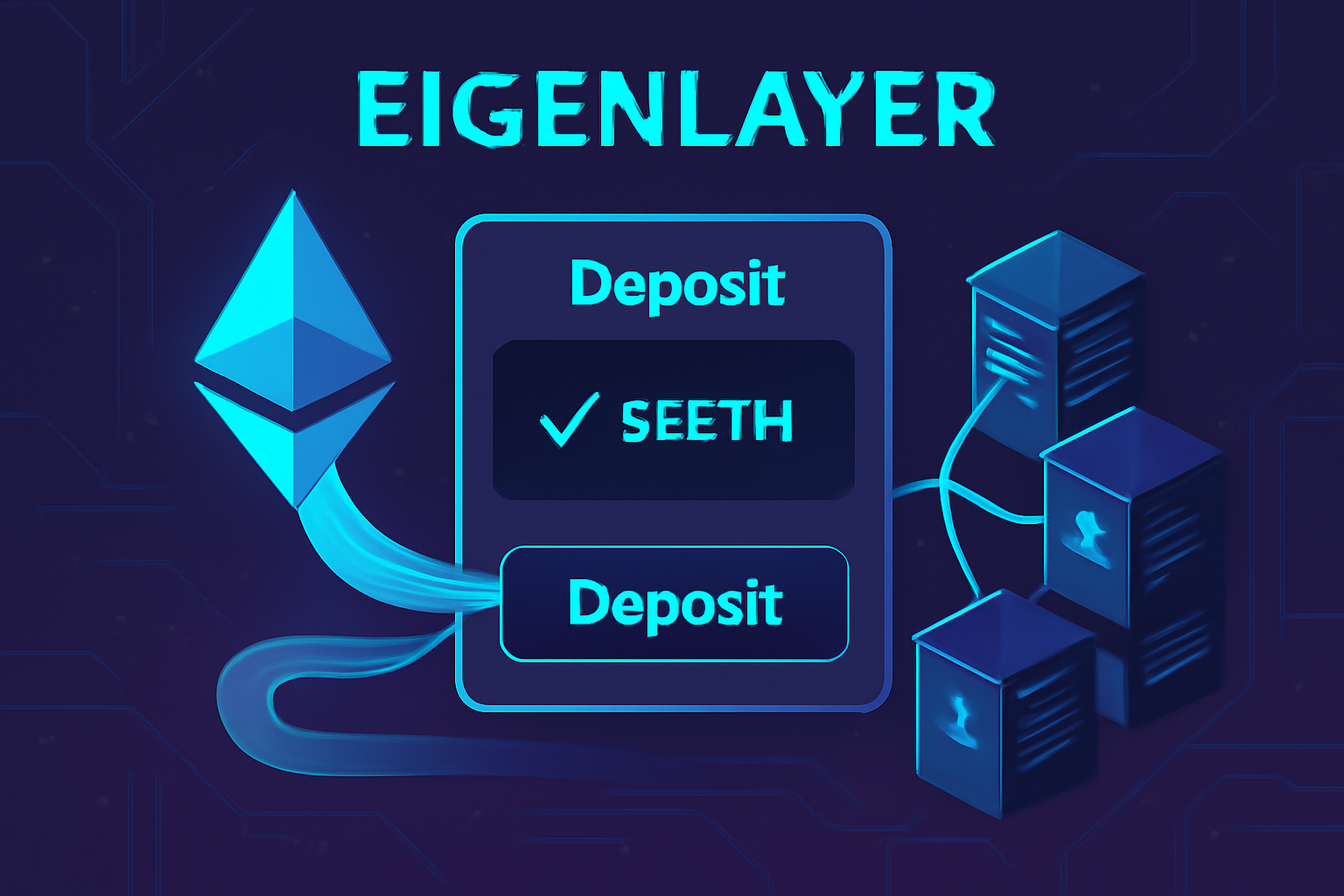 EigenLayer deposit interface with stETH flowing in, blockchain nodes connecting, cyberpunk style