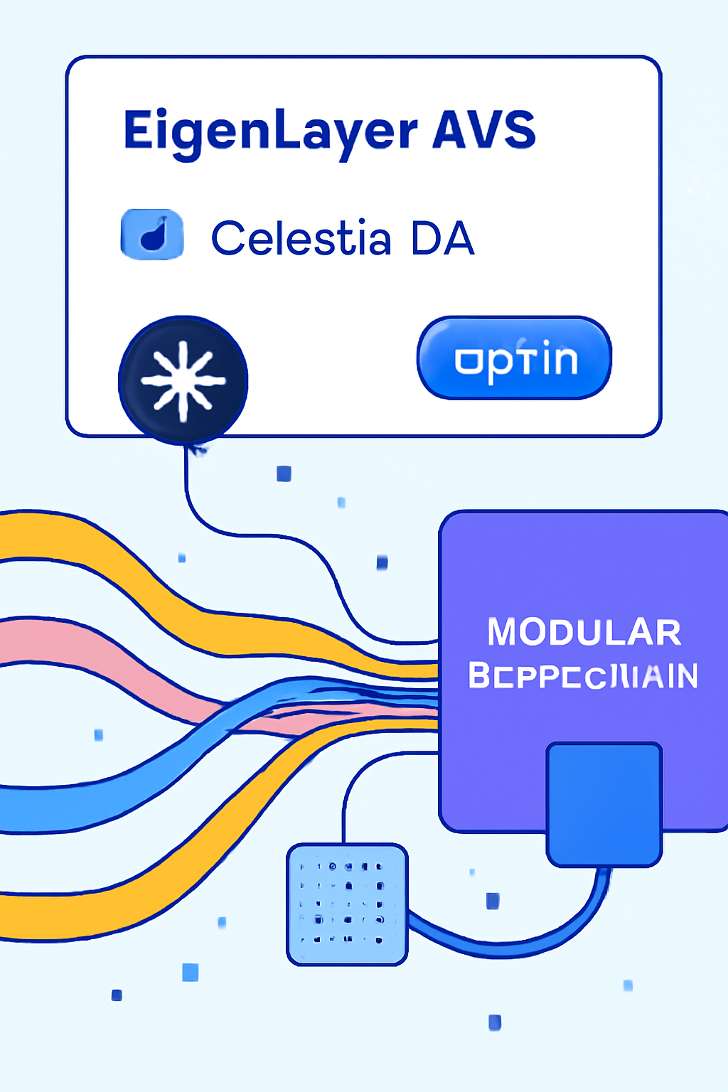 EigenLayer AVS selection screen opting into Celestia DA, modular blockchain visualization, vibrant data streams