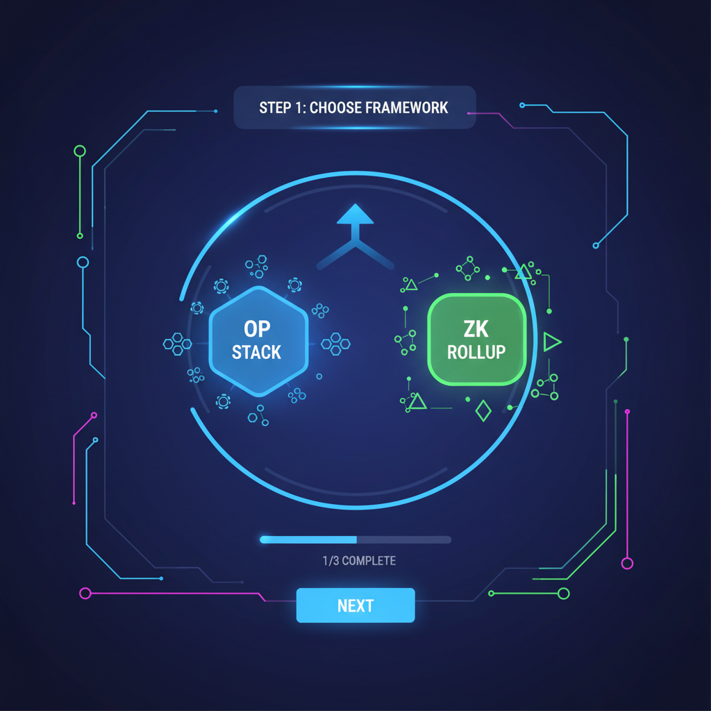 futuristic dashboard selecting OP Stack or ZK rollup framework, neon blockchain icons, sci-fi UI