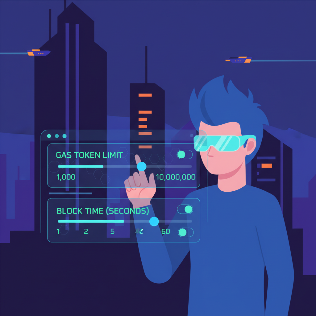 developer configuring blockchain parameters on sleek interface, sliders for gas token block time, cyberpunk style