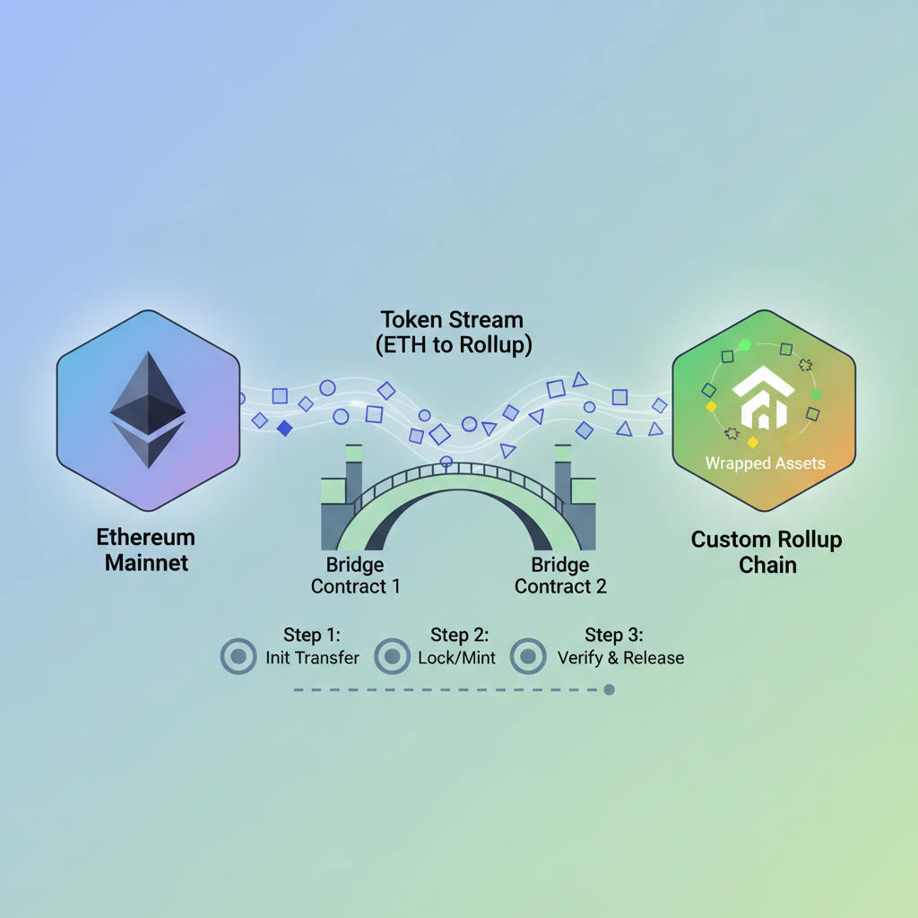assets bridging from Ethereum to custom rollup chain, glowing token streams across bridges, ethereal blockchain visualization