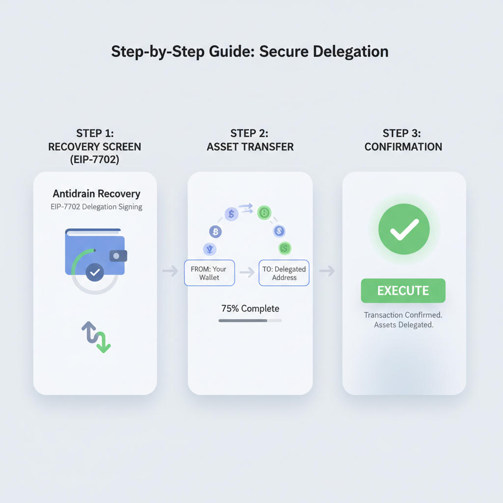 antidrain recovery screen eip-7702 delegation signing, assets transfer animation, success confirmation popup, bold green execute button