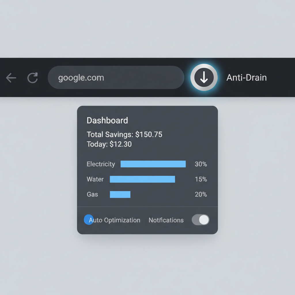 chrome browser toolbar with antidrain extension icon pinned highlighted, popup dashboard opening, sleek dark mode interface